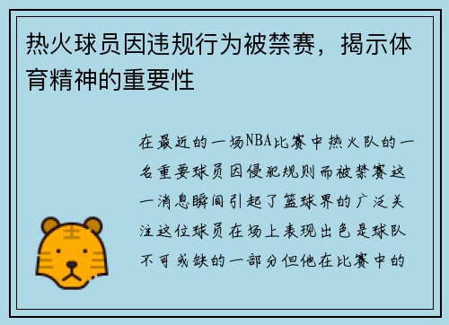 热火球员因违规行为被禁赛，揭示体育精神的重要性