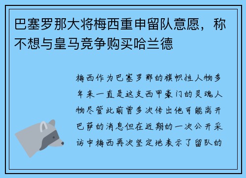 巴塞罗那大将梅西重申留队意愿，称不想与皇马竞争购买哈兰德